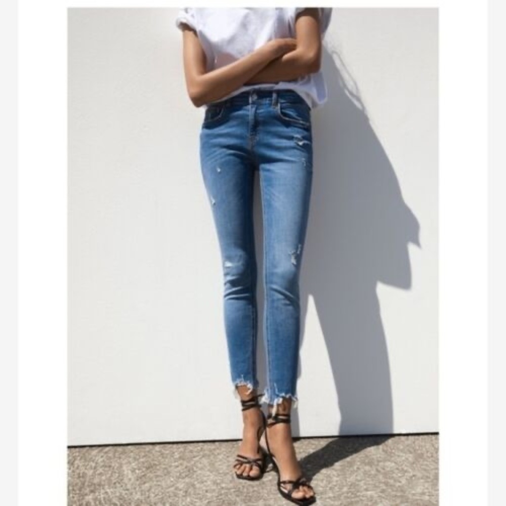 Zara Jeans The Skinny Raw Hem Distressed Cies Blue